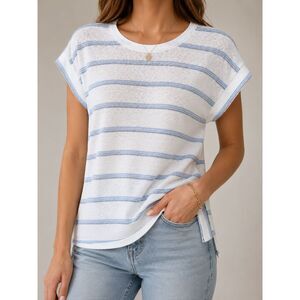 Bobeau Striped Lightweight Knit Tee Top White Blue Short Sleeve Size Small